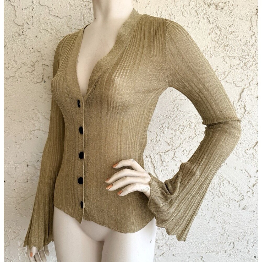 A.L.C. Sweater Metallic Gold Ribbed Cardigan Bell Sleeve V-Neck Size S
